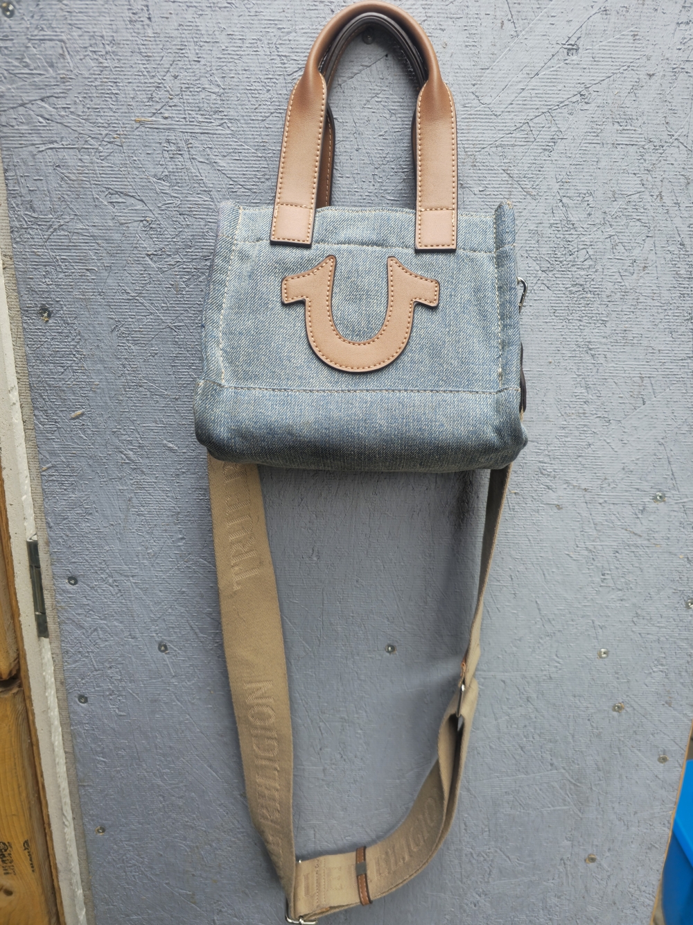 True Religion Denim Crossbody with Tan Leather Trim and Logo